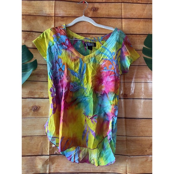 VTG Tropical Tantrum Bedazzled V Neck Shirt Size XS 100% Rayon - Picture 1 of 6